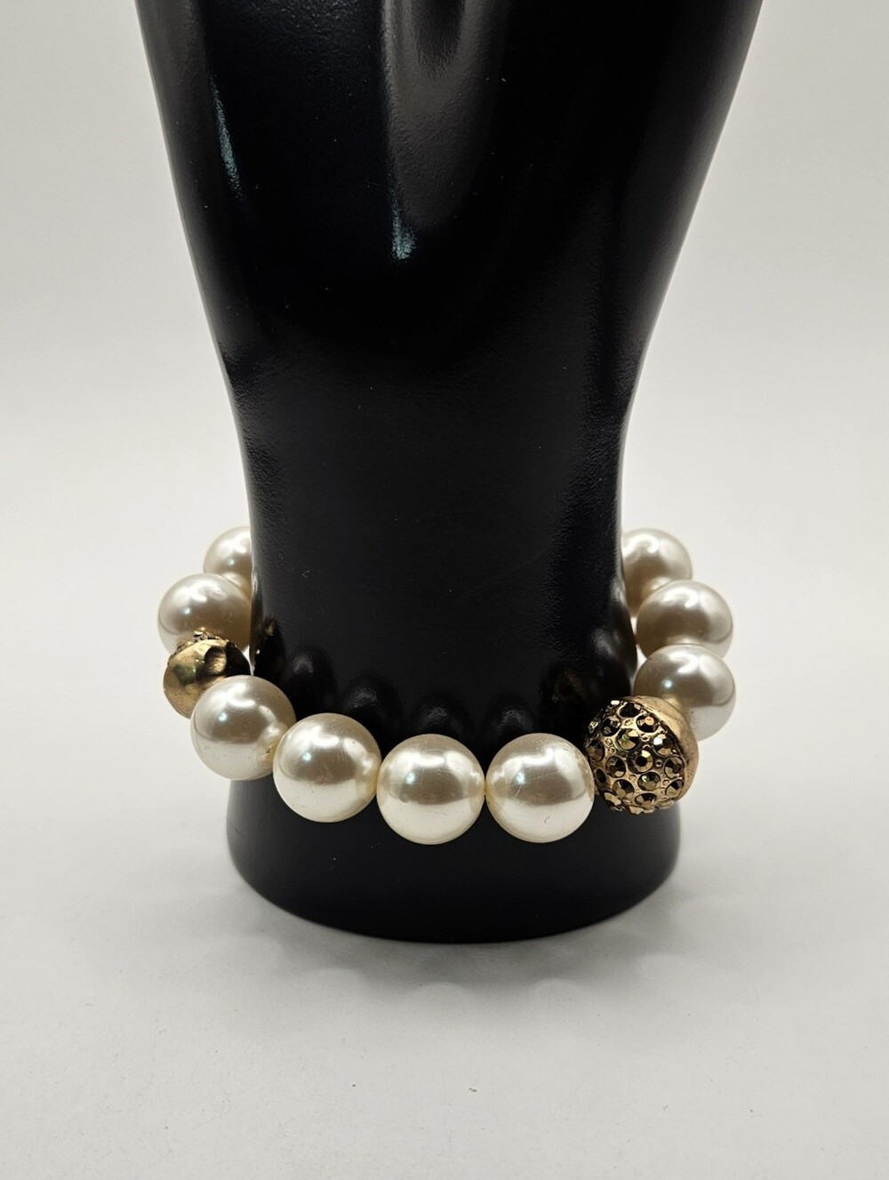 Chicos Faux Pearl Necklace Bracelet Set Pave Rhinestone Disco Ball 21" - Picture 6 of 10